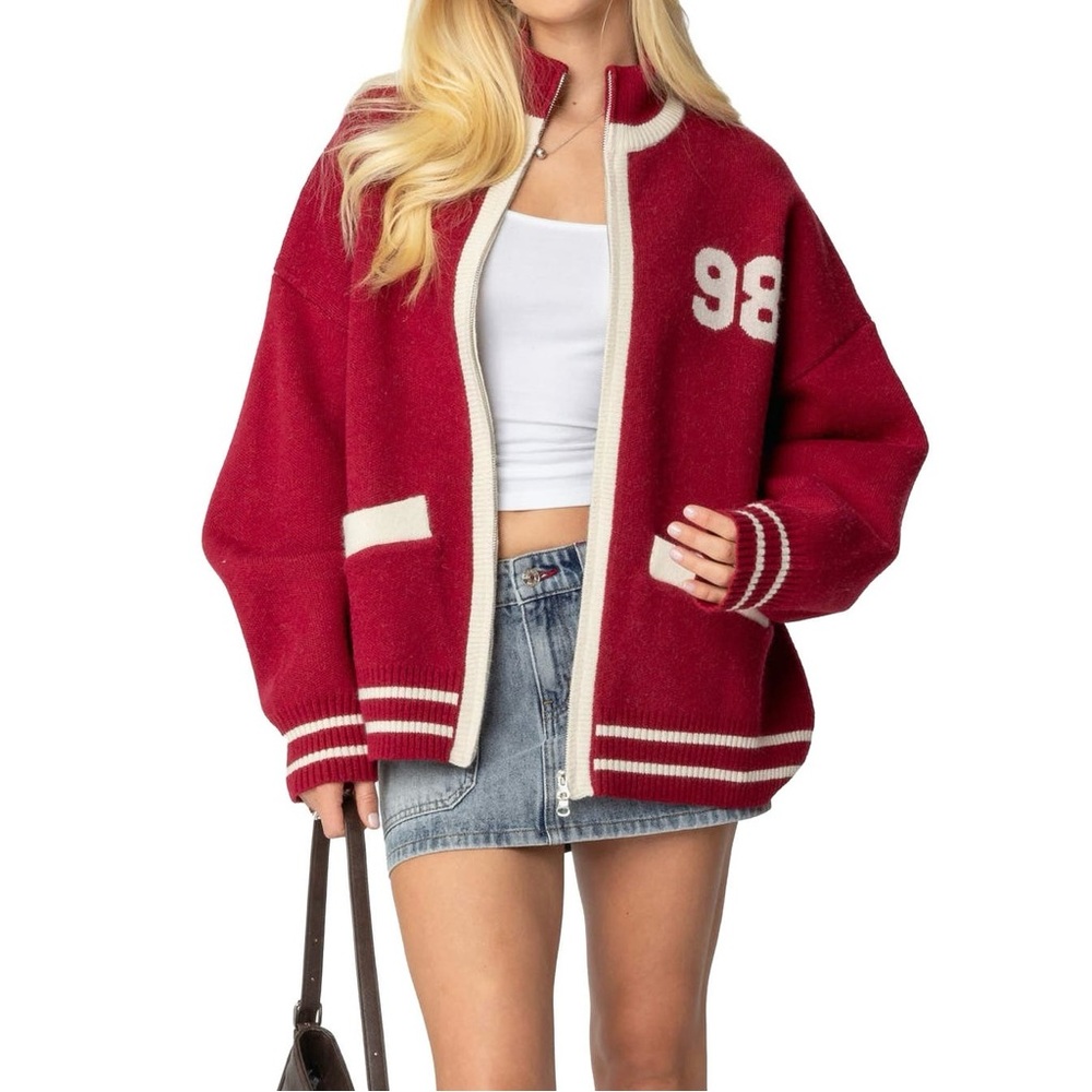 Anthropologie Edikted Oversized Varsity Cardigan Sweater Red Preppy Layers Sz M